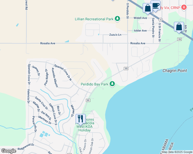map of restaurants, bars, coffee shops, grocery stores, and more near 2741 Santa Rosa Dr in Lillian