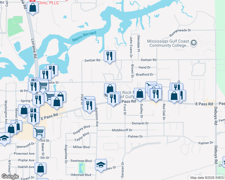 map of restaurants, bars, coffee shops, grocery stores, and more near 1864 Pass Road in Gulfport