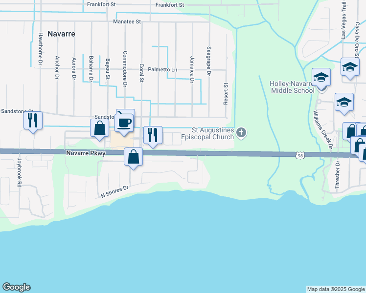 map of restaurants, bars, coffee shops, grocery stores, and more near 7656 Chablis Circle in Navarre