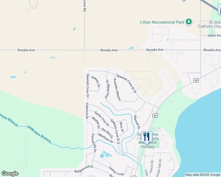 map of restaurants, bars, coffee shops, grocery stores, and more near 2682 Pine Ridge Drive in Lillian