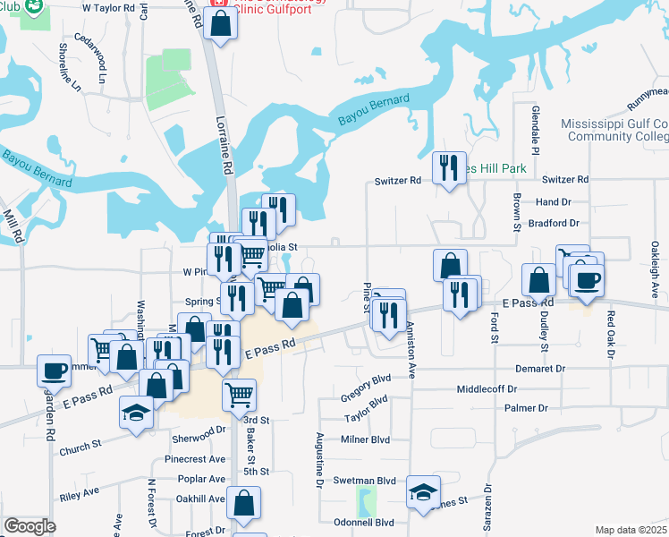 map of restaurants, bars, coffee shops, grocery stores, and more near 1615 Magnolia Street in Gulfport