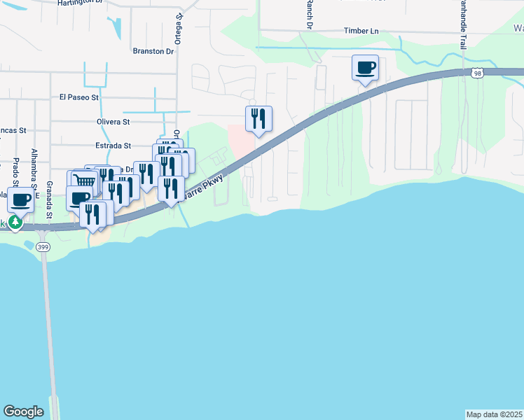 map of restaurants, bars, coffee shops, grocery stores, and more near 1900 Jo-Tam Lane in Navarre
