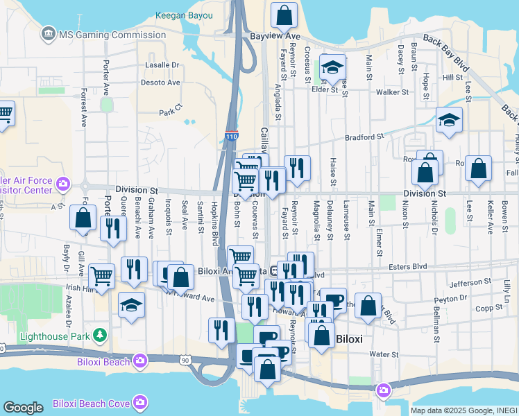 map of restaurants, bars, coffee shops, grocery stores, and more near 275 Couevas Street in Biloxi