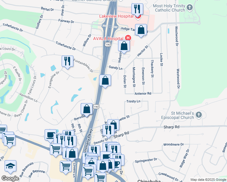 map of restaurants, bars, coffee shops, grocery stores, and more near 2615 North Causeway Boulevard in Mandeville