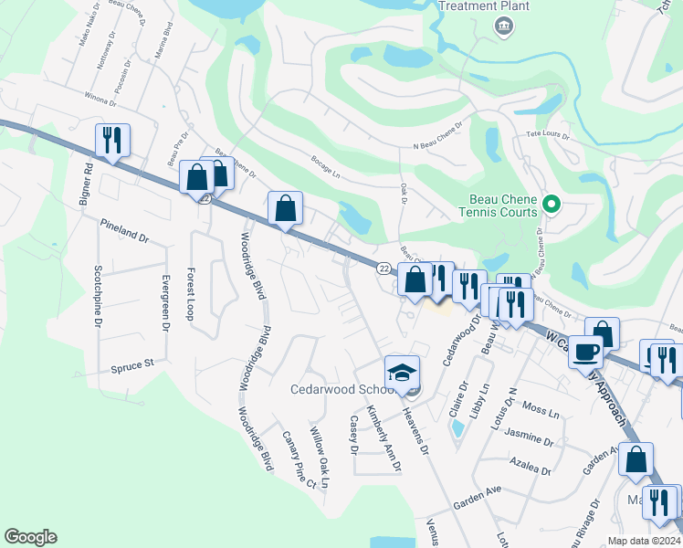map of restaurants, bars, coffee shops, grocery stores, and more near 516 Elizabeth Drive in Mandeville