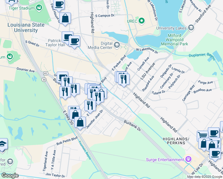 map of restaurants, bars, coffee shops, grocery stores, and more near 235 East Boyd Drive in Baton Rouge