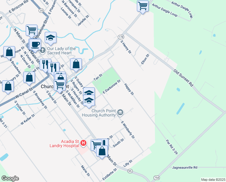 map of restaurants, bars, coffee shops, grocery stores, and more near 109 East Darbonne Street in Church Point