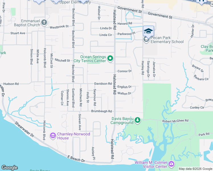 map of restaurants, bars, coffee shops, grocery stores, and more near 2607 Youpon Street in Ocean Springs