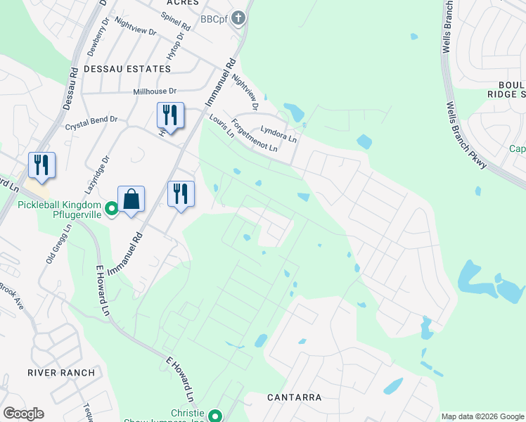 map of restaurants, bars, coffee shops, grocery stores, and more near 2601 Crystal Bend Drive in Pflugerville