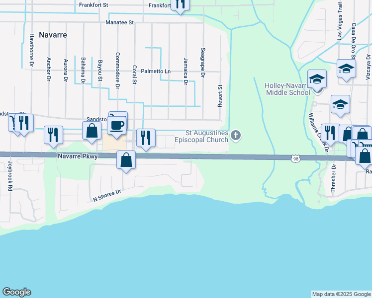 map of restaurants, bars, coffee shops, grocery stores, and more near 7710 Florida 30 in Navarre