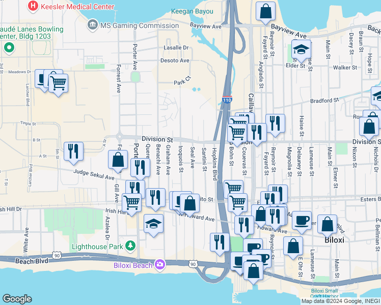 map of restaurants, bars, coffee shops, grocery stores, and more near 281 Seal Avenue in Biloxi