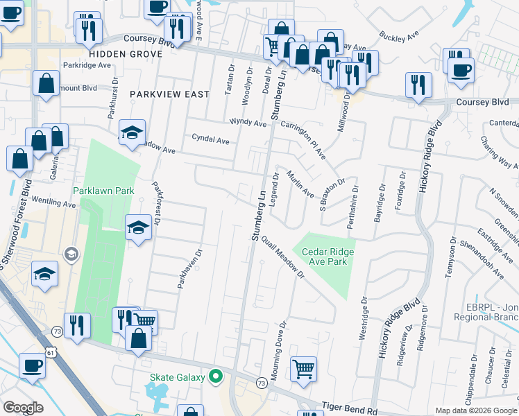 map of restaurants, bars, coffee shops, grocery stores, and more near Stumberg Ln & Country Ridge Ave in Baton Rouge