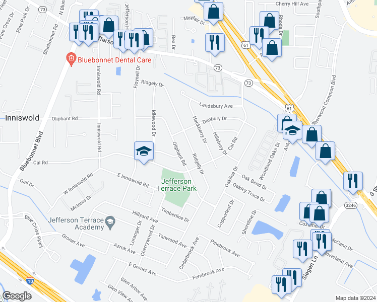 map of restaurants, bars, coffee shops, grocery stores, and more near 10248 Ridgely Road in Baton Rouge