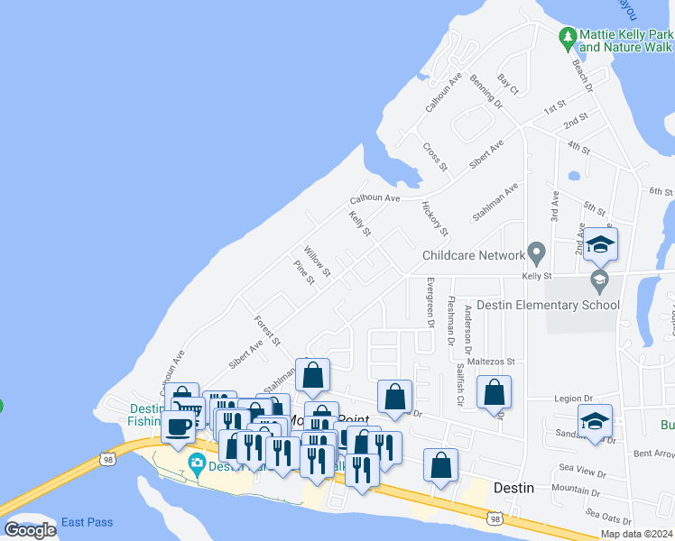 map of restaurants, bars, coffee shops, grocery stores, and more near 315 Sibert Avenue in Destin