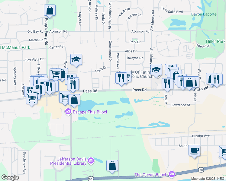 map of restaurants, bars, coffee shops, grocery stores, and more near Pass Road in Biloxi