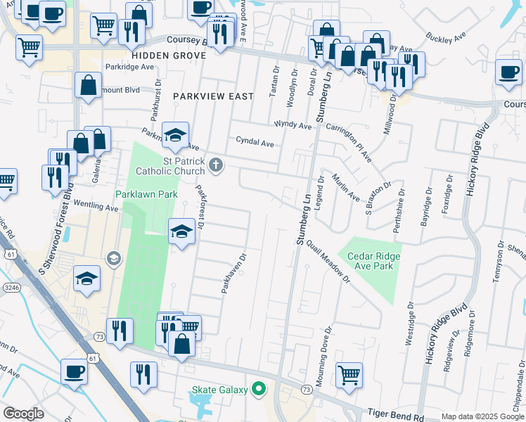 map of restaurants, bars, coffee shops, grocery stores, and more near 5411 Parkknoll Place Drive in Baton Rouge