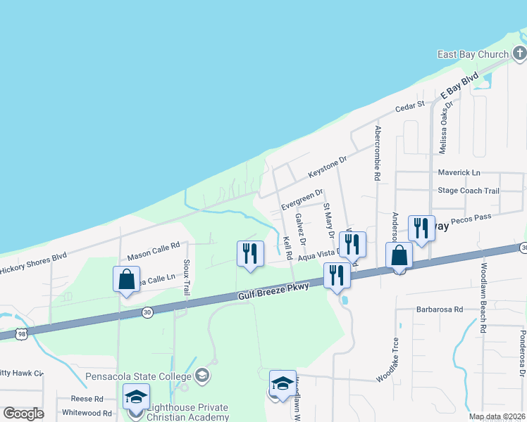 map of restaurants, bars, coffee shops, grocery stores, and more near 5104 Gulf Breeze Parkway in Gulf Breeze