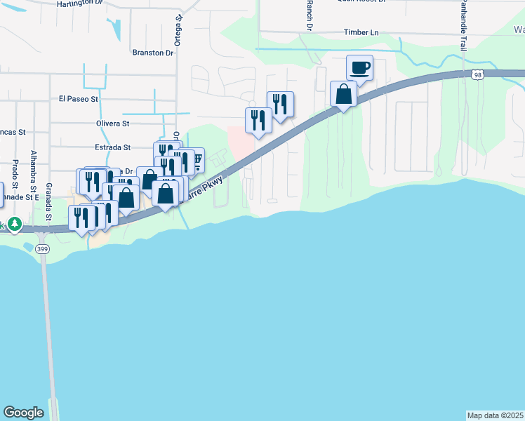 map of restaurants, bars, coffee shops, grocery stores, and more near 1900 Jo-Tam Lane in Navarre