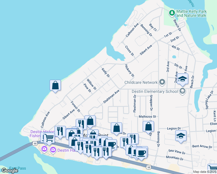 map of restaurants, bars, coffee shops, grocery stores, and more near 331 Stahlman Avenue in Destin