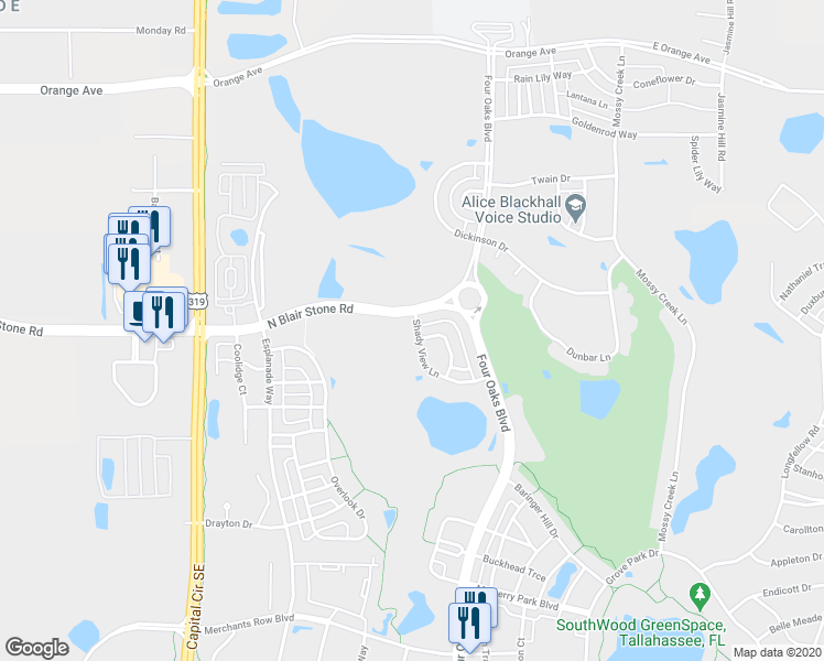 map of restaurants, bars, coffee shops, grocery stores, and more near 4012 Shady View Lane in Tallahassee
