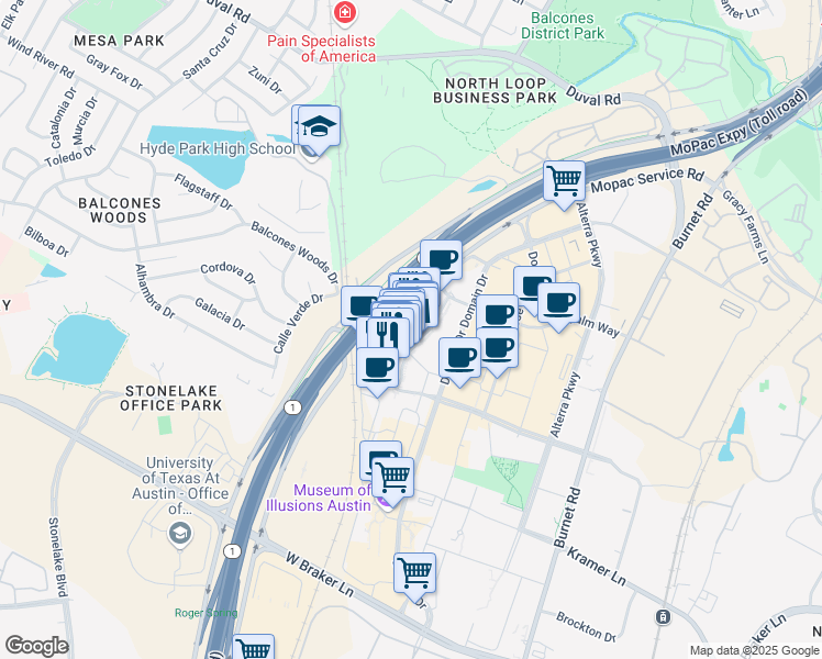 map of restaurants, bars, coffee shops, grocery stores, and more near 11506 Century Oaks Terrace in Austin