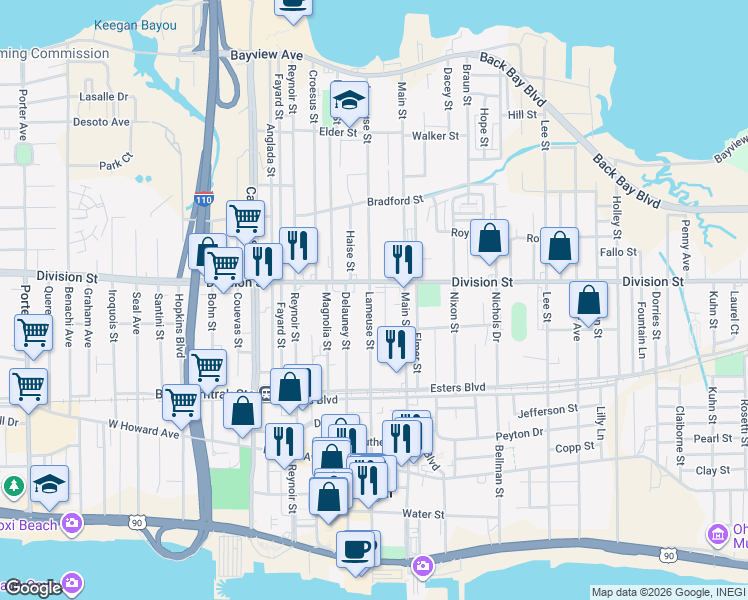 map of restaurants, bars, coffee shops, grocery stores, and more near 270 Lameuse Street in Biloxi
