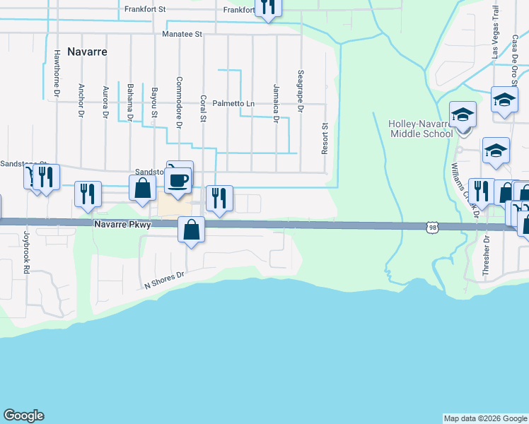 map of restaurants, bars, coffee shops, grocery stores, and more near 7654 Chablis Circle in Navarre