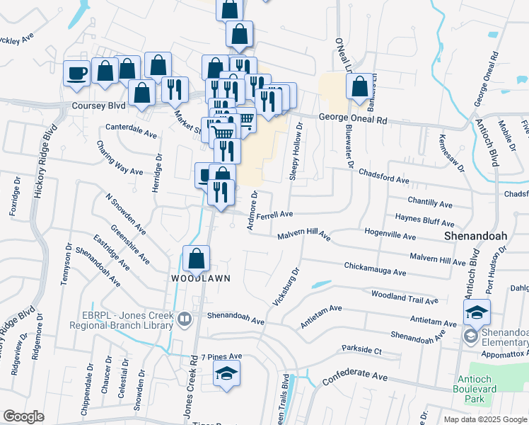 map of restaurants, bars, coffee shops, grocery stores, and more near 5632 Estelle Drive in Baton Rouge