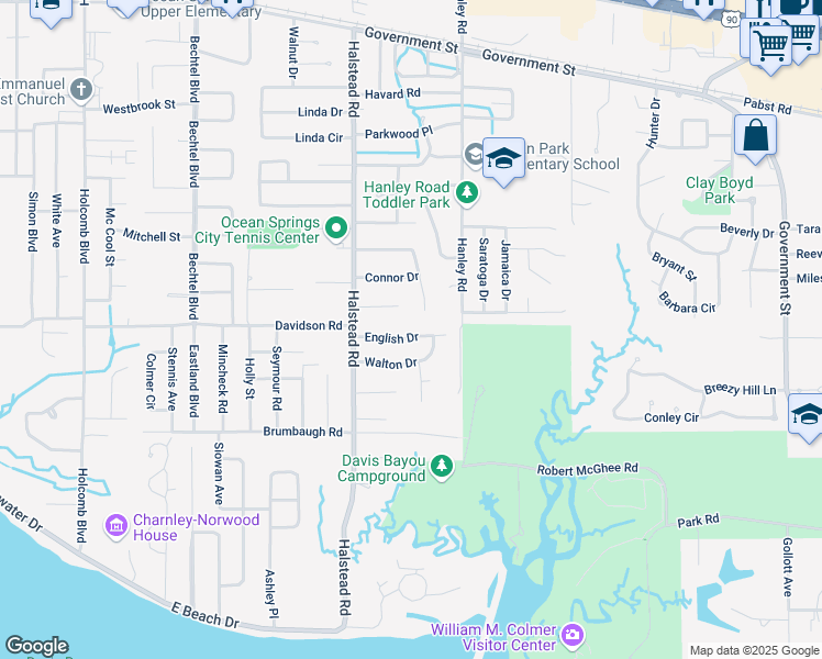 map of restaurants, bars, coffee shops, grocery stores, and more near 2716 English Drive in Ocean Springs