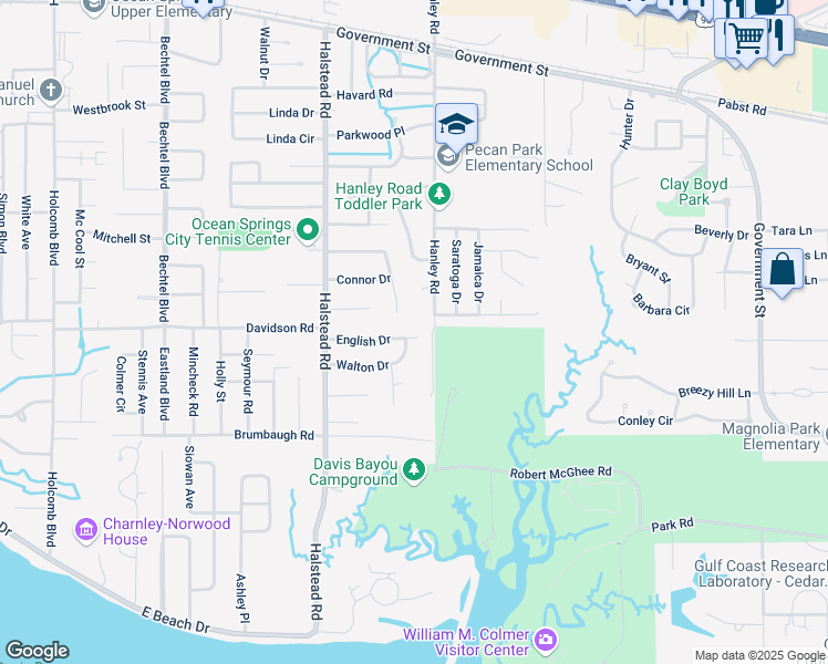 map of restaurants, bars, coffee shops, grocery stores, and more near 2723 English Drive in Ocean Springs