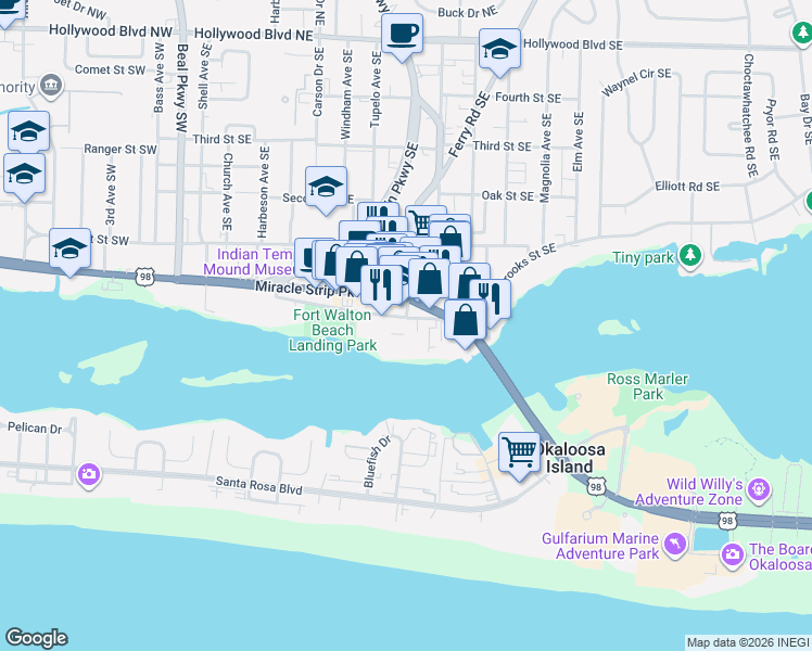 map of restaurants, bars, coffee shops, grocery stores, and more near 171 Brooks Street Southeast in Fort Walton Beach
