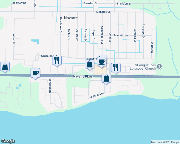 map of restaurants, bars, coffee shops, grocery stores, and more near 7515 Harvest Village Court in Navarre