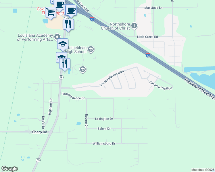 map of restaurants, bars, coffee shops, grocery stores, and more near 316 Chateau Sonesta in Mandeville