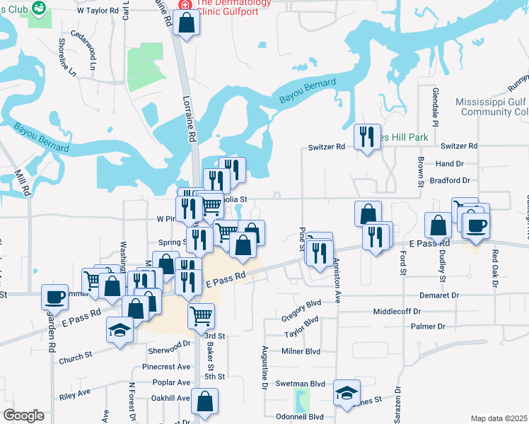 map of restaurants, bars, coffee shops, grocery stores, and more near 1615 Magnolia Street in Gulfport
