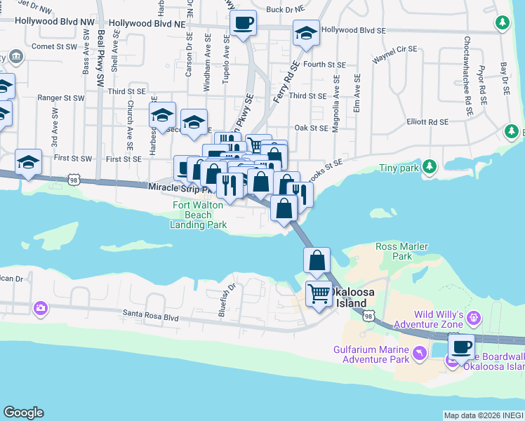 map of restaurants, bars, coffee shops, grocery stores, and more near 187 Brooks Street Southeast in Fort Walton Beach