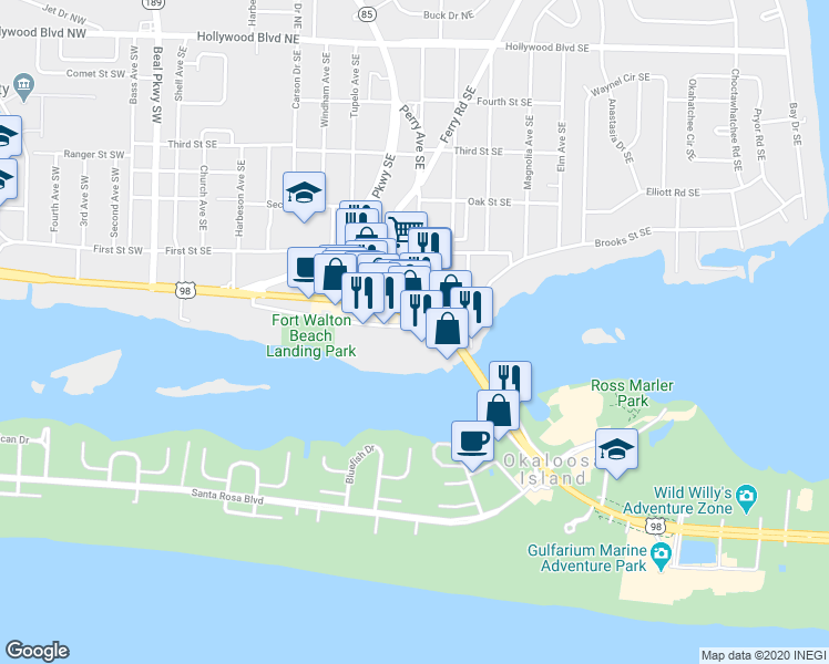 map of restaurants, bars, coffee shops, grocery stores, and more near 195 Brooks Street Southeast in Fort Walton Beach