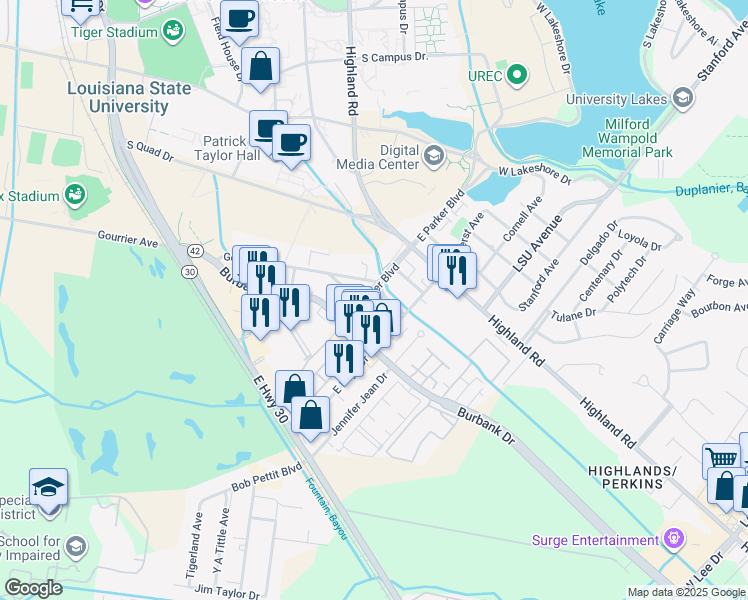 map of restaurants, bars, coffee shops, grocery stores, and more near 352 East Boyd Drive in Baton Rouge