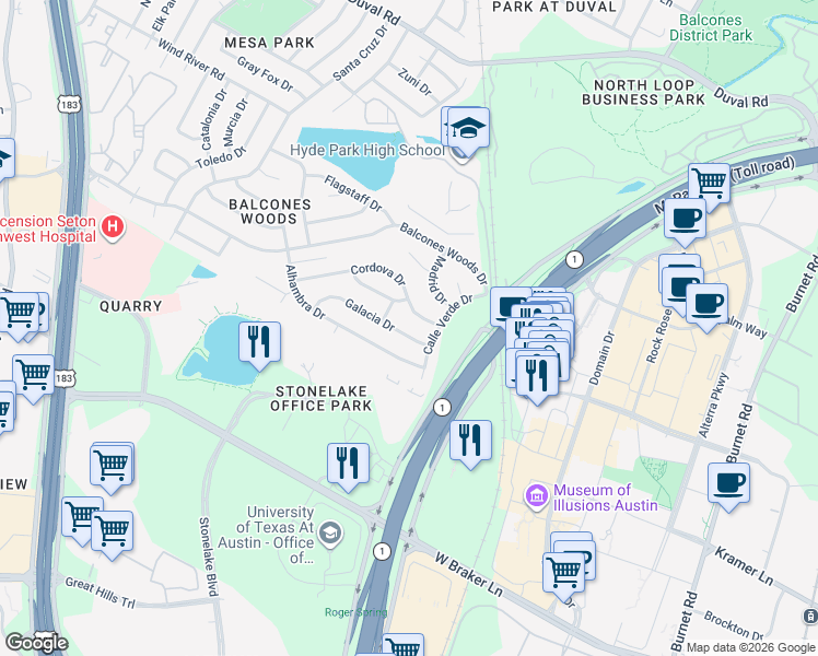 map of restaurants, bars, coffee shops, grocery stores, and more near 11009 Alhambra Drive in Austin