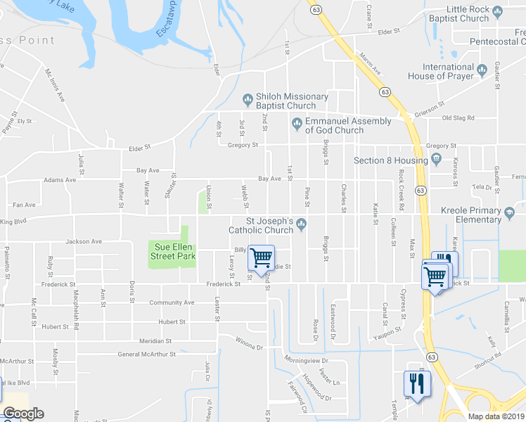 map of restaurants, bars, coffee shops, grocery stores, and more near 4207 2nd Street in Moss Point