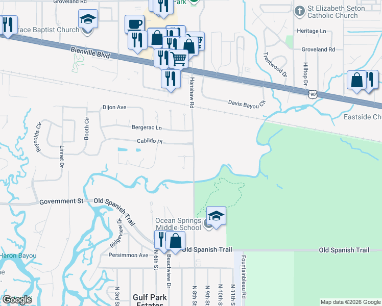 map of restaurants, bars, coffee shops, grocery stores, and more near in Ocean Springs