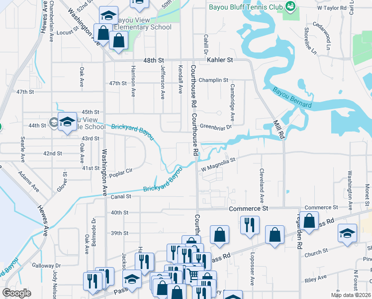 map of restaurants, bars, coffee shops, grocery stores, and more near 18 Bayou View Drive in Gulfport