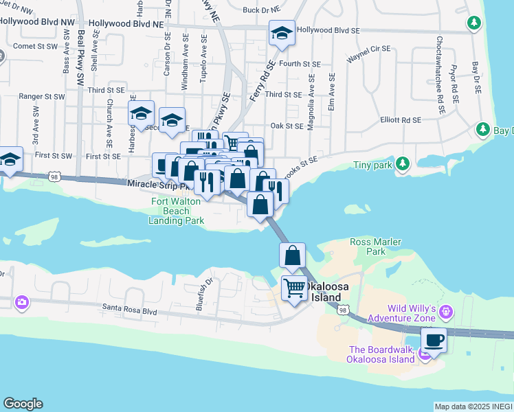 map of restaurants, bars, coffee shops, grocery stores, and more near 308 Miracle Strip Parkway Southeast in Fort Walton Beach