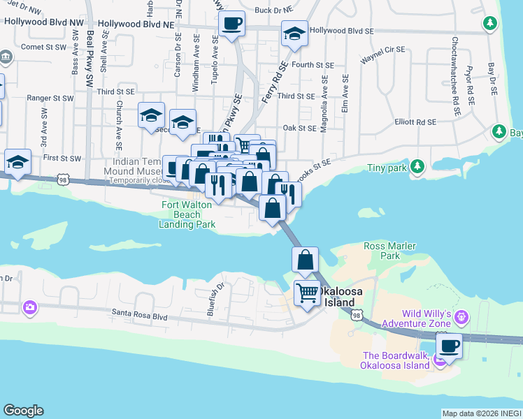 map of restaurants, bars, coffee shops, grocery stores, and more near 195 Brooks Street Southeast in Fort Walton Beach