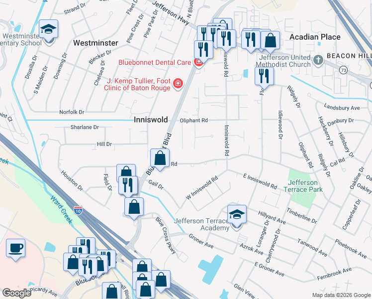 map of restaurants, bars, coffee shops, grocery stores, and more near 9455 Cal Road in Baton Rouge
