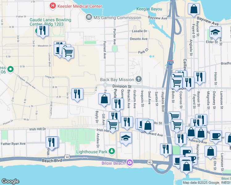 map of restaurants, bars, coffee shops, grocery stores, and more near Porter Avenue in Biloxi