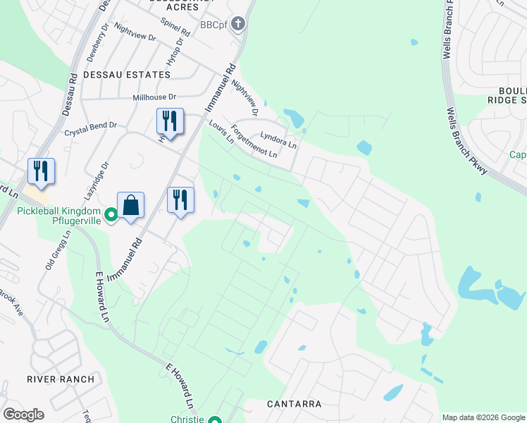 map of restaurants, bars, coffee shops, grocery stores, and more near 2601 Crystal Bend Drive in Pflugerville