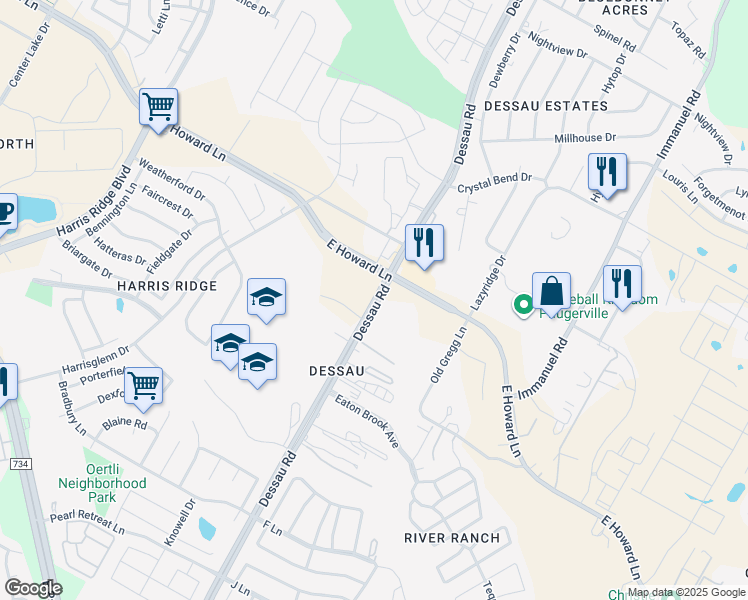 map of restaurants, bars, coffee shops, grocery stores, and more near 13208 1/2 Dessau Road in Austin