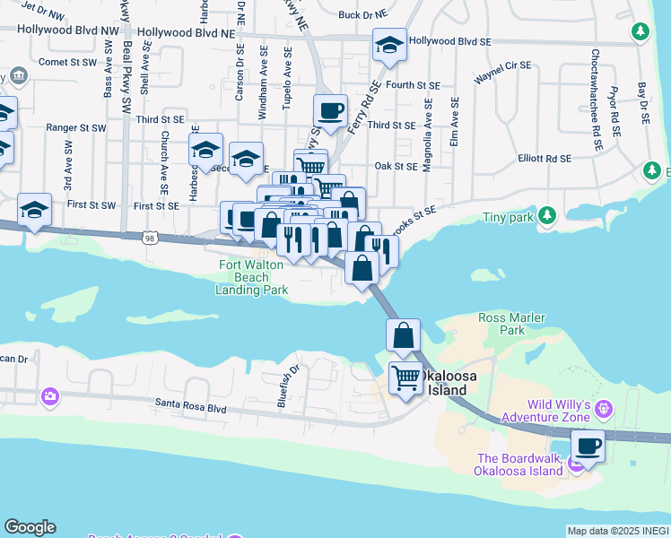 map of restaurants, bars, coffee shops, grocery stores, and more near 195 Brooks Street Southeast in Fort Walton Beach