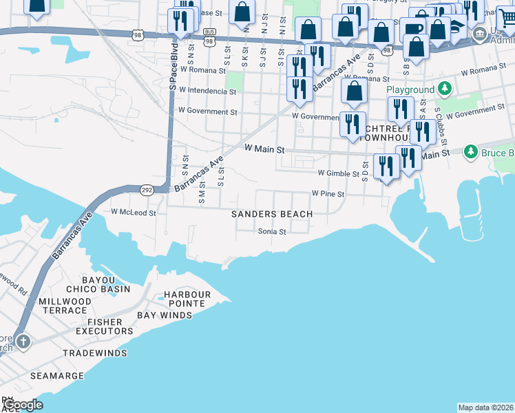 map of restaurants, bars, coffee shops, grocery stores, and more near 805 South J Street in Pensacola