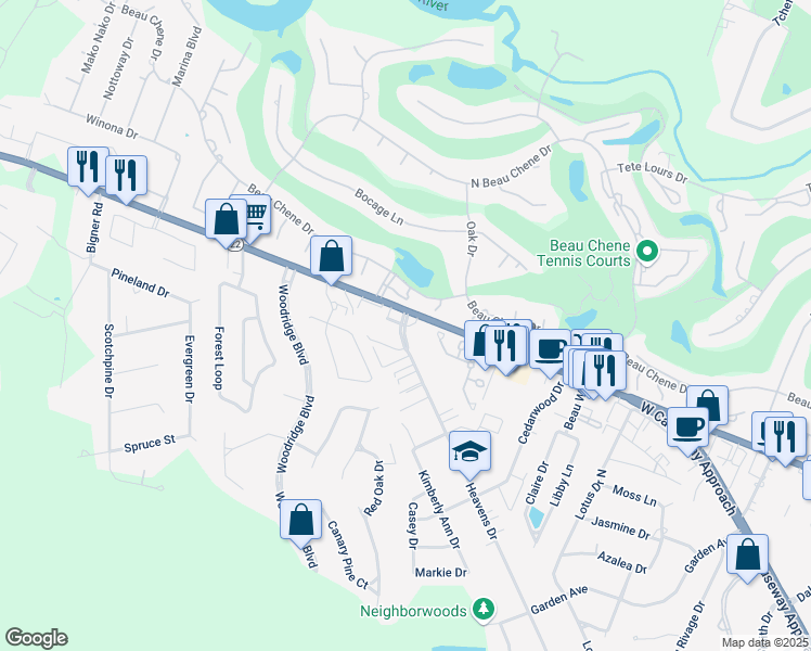 map of restaurants, bars, coffee shops, grocery stores, and more near 516 Elizabeth Drive in Mandeville